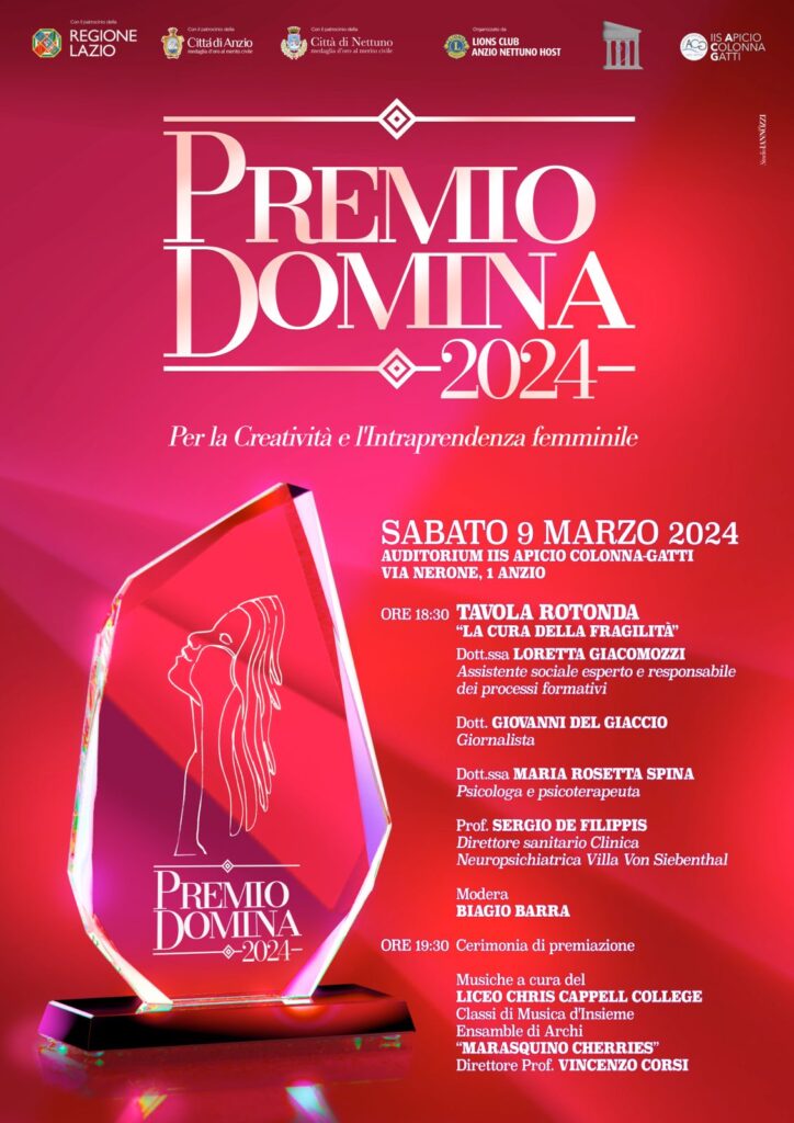 Premio Domina 2024, Tavola Rotonda “La cura della Fragilità” Auditorium IIS Apicio Colonna-Gatti,  Anzio il 9 Marzo 2024.